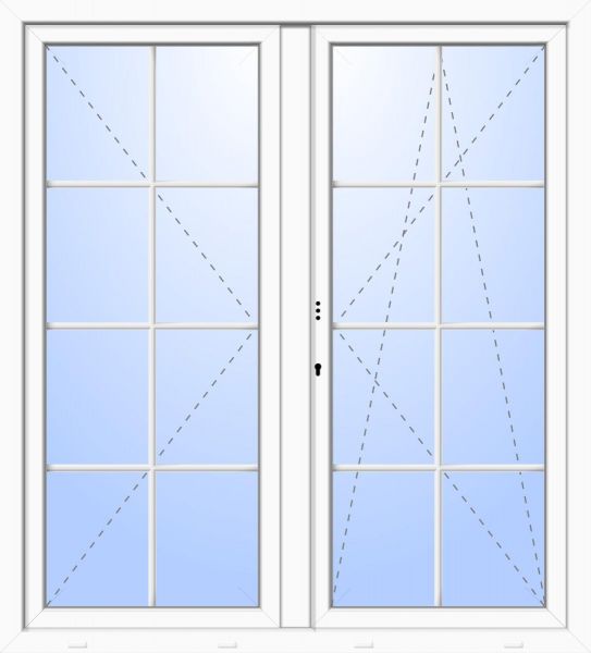 Außenansicht 2-flügelige Balkontür mit 8 Sprossen Stulp Dr-Dr-Ki Weiß abschließbar